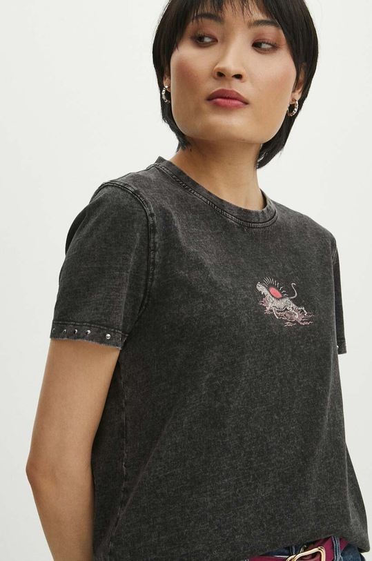 T-shirt bawełniany damski z efektem sprania kolor czarny okrągły czarny RS24.TSD600