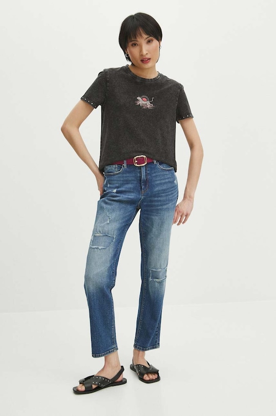 Odzież T-shirt bawełniany damski z efektem sprania kolor czarny RS24.TSD600 czarny