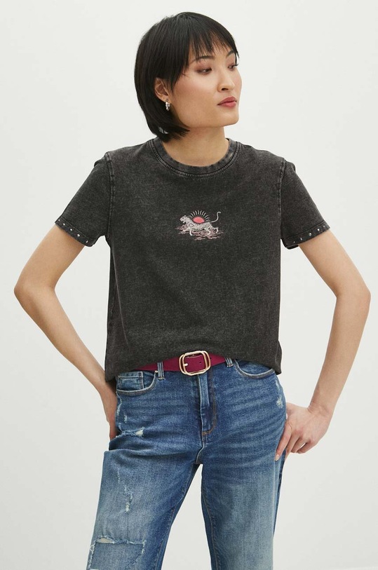 T-shirt bawełniany damski z efektem sprania kolor czarny czarny RS24.TSD600