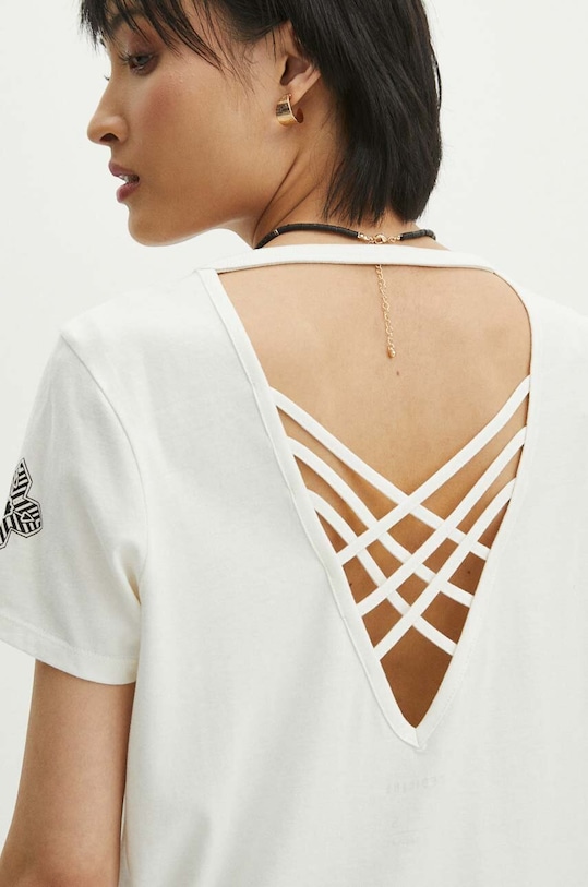 Bavlnené tričko dámske béžová farba okrúhly béžová RS24.TSD601