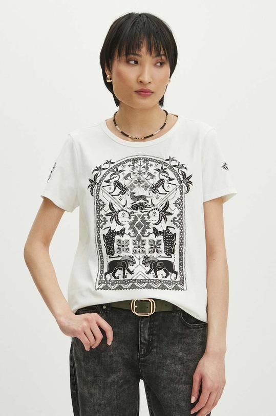 Oblečenie Bavlnené tričko dámske béžová farba RS24.TSD601 béžová