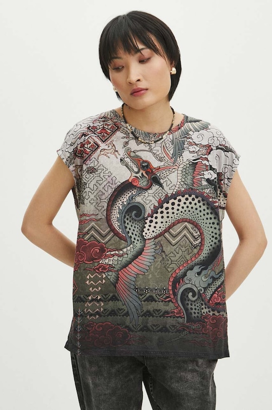 T-shirt bawełniany damski wzorzysty kolor multicolor multicolor RS24.TSD602