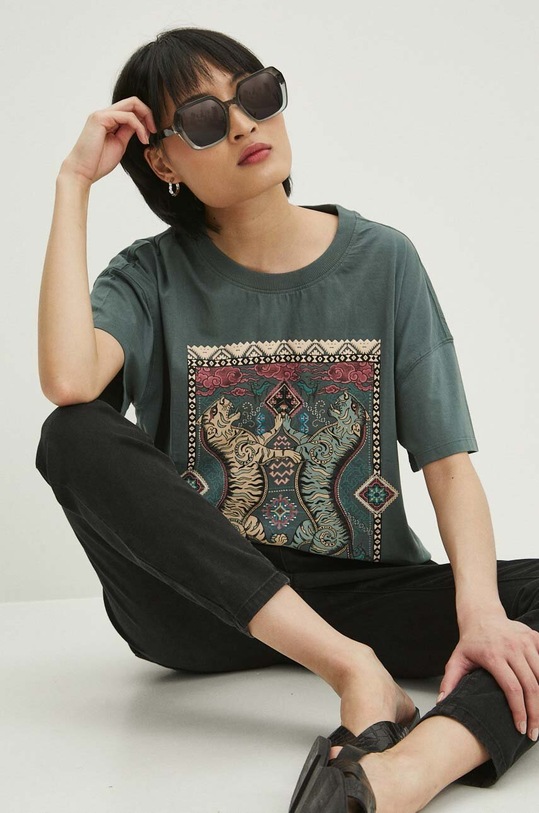 T-shirt bawełniany damski z nadrukiem kolor zielony okrągły zielony RS24.TSD603