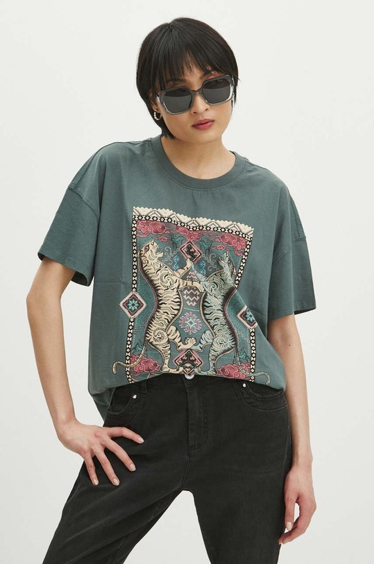 T-shirt bawełniany damski z nadrukiem kolor zielony RS24.TSD603 zielony RS24