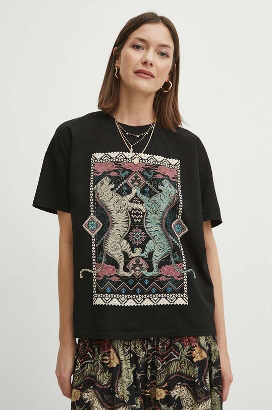 T-shirt bawełniany damski z nadrukiem kolor czarny RS24.TSD603 czarny RS24