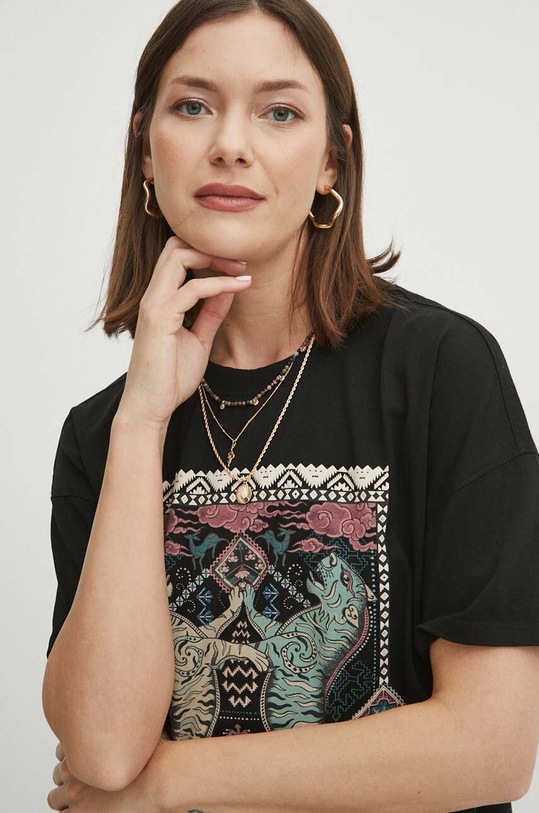 T-shirt bawełniany damski z nadrukiem kolor czarny czarny RS24.TSD603