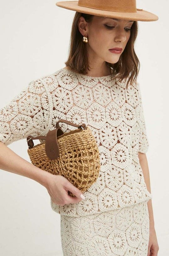 T-shirt damski ażurowy kolor beżowy gładkie beżowy RS24.TSD606