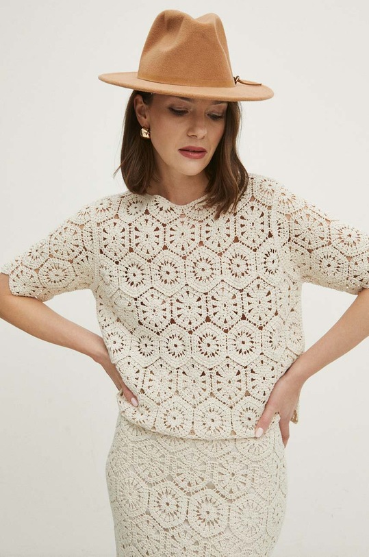 T-shirt damski ażurowy kolor beżowy RS24.TSD606