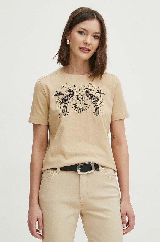 T-shirt bawełniany damski z ozdobną aplikacją kolor beżowy beżowy RS24.TSD608