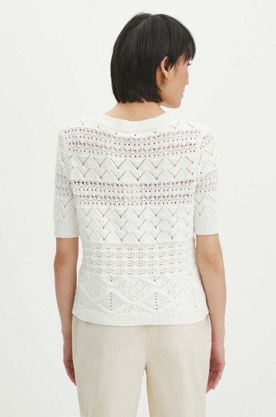 Odzież T-shirt bawełniany damski z domieszką elastanu ażurowy kolor beżowy RS24.TSD609 beżowy