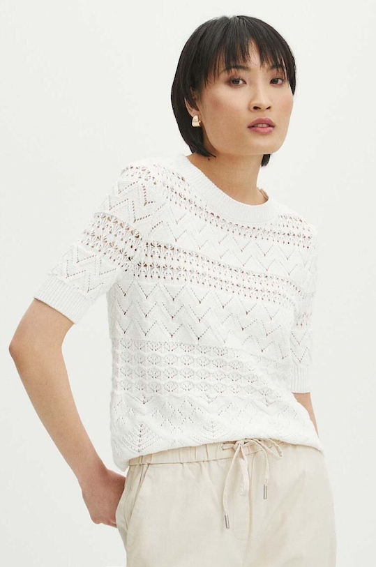 T-shirt bawełniany damski z domieszką elastanu ażurowy kolor beżowy beżowy RS24.TSD609