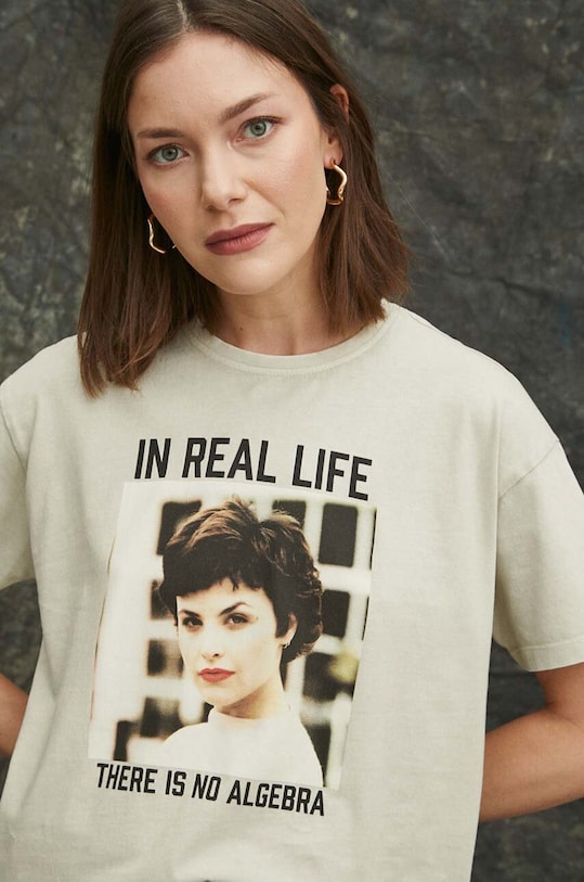 T-shirt bawełniany damski Twin Peaks kolor beżowy okrągły beżowy RS24.TSD658