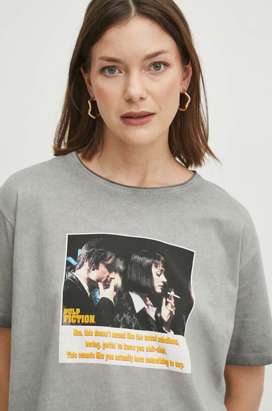 Bavlněné tričko dámské Pulp Fiction šedá barva RS24.TSD660 šedá