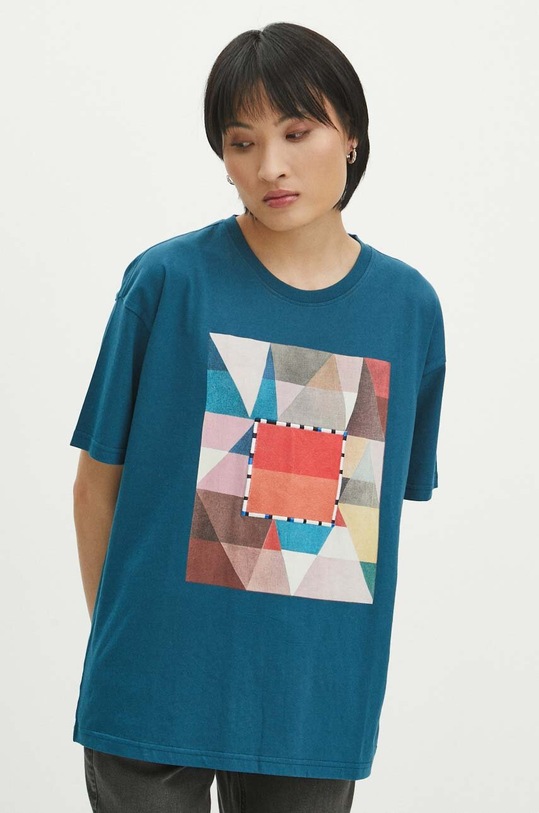 T-shirt bawełniany damski z nadrukiem z kolekcji Jerzy Nowosielski x Medicine kolor zielony RS24.TSD661 turkusowy RS24