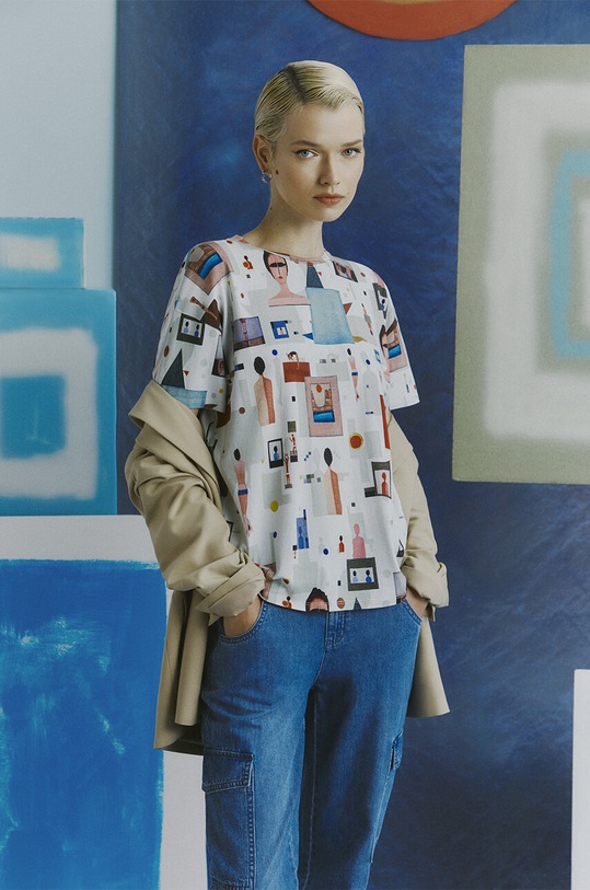 T-shirt bawełniany damski z domieszką elastanu z kolekcji Jerzy Nowosielski x Medicine kolor multicolor wzorzyste multicolor RS24.TSD665