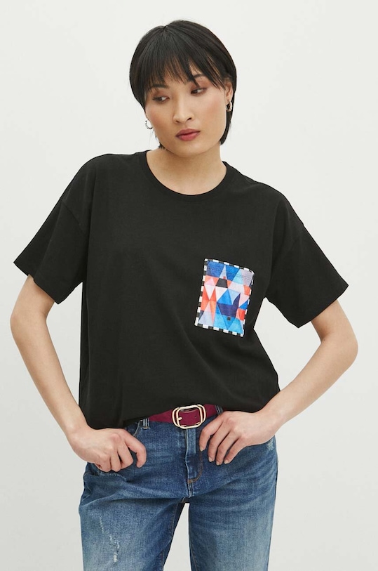 T-shirt bawełniany damski z domieszką elastanu z kolekcji Jerzy Nowosielski x Medicine kolor czarny RS24.TSD669 czarny RS24