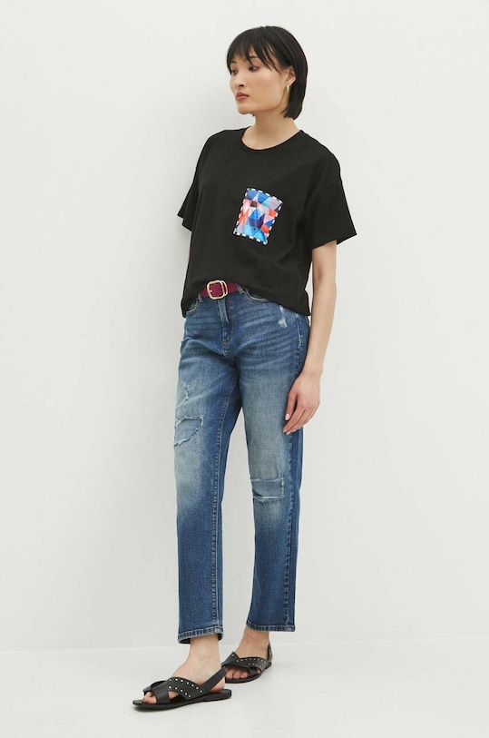 Odzież T-shirt bawełniany damski z domieszką elastanu z kolekcji Jerzy Nowosielski x Medicine kolor czarny RS24.TSD669 czarny