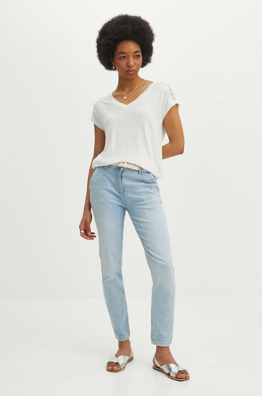 T-shirt lniany damski z ozdobnymi wstawkami kolor beżowy RS24.TSD702 beżowy RS24