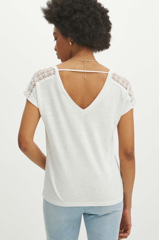 Odzież T-shirt lniany damski z ozdobnymi wstawkami kolor beżowy RS24.TSD702 beżowy