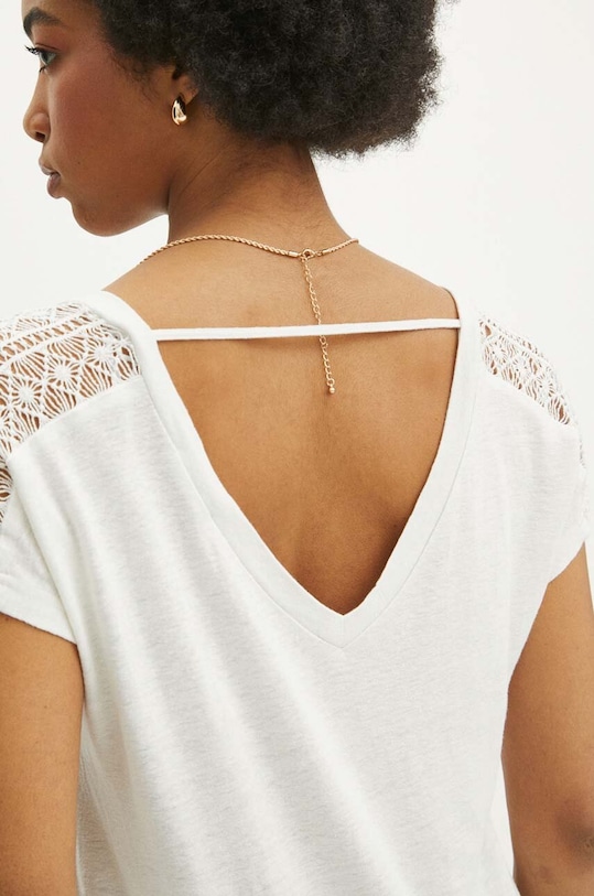 T-shirt lniany damski z ozdobnymi wstawkami kolor beżowy RS24.TSD702 beżowy