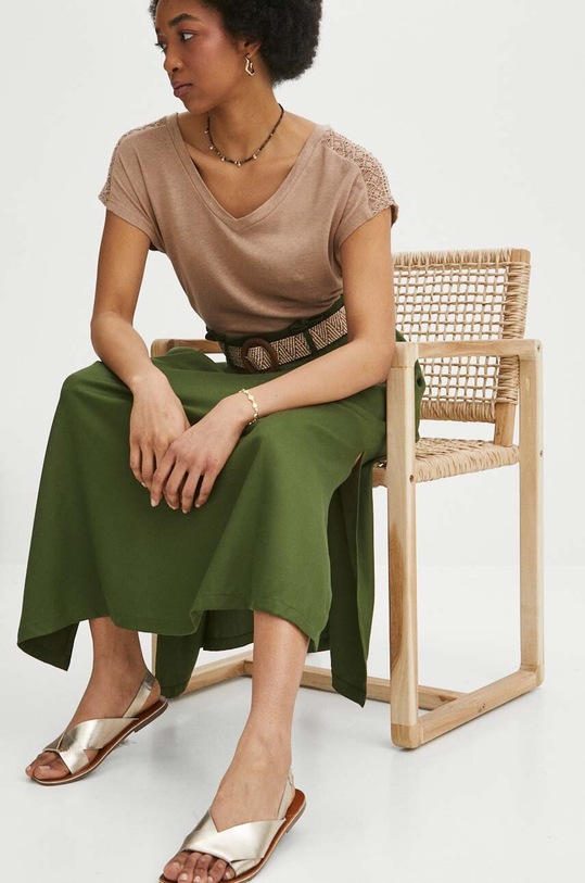 T-shirt lniany damski z ozdobnymi wstawkami kolor beżowy RS24.TSD702 beżowy RS24