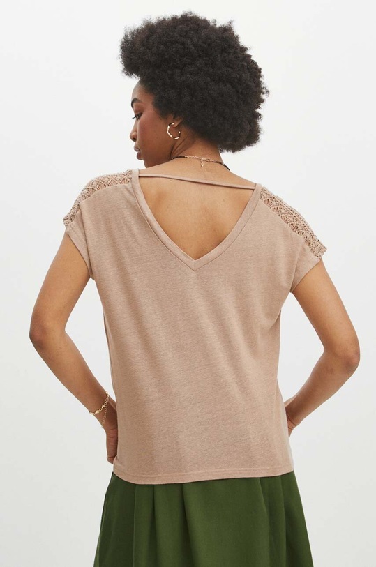 Odzież T-shirt lniany damski z ozdobnymi wstawkami kolor beżowy RS24.TSD702 beżowy