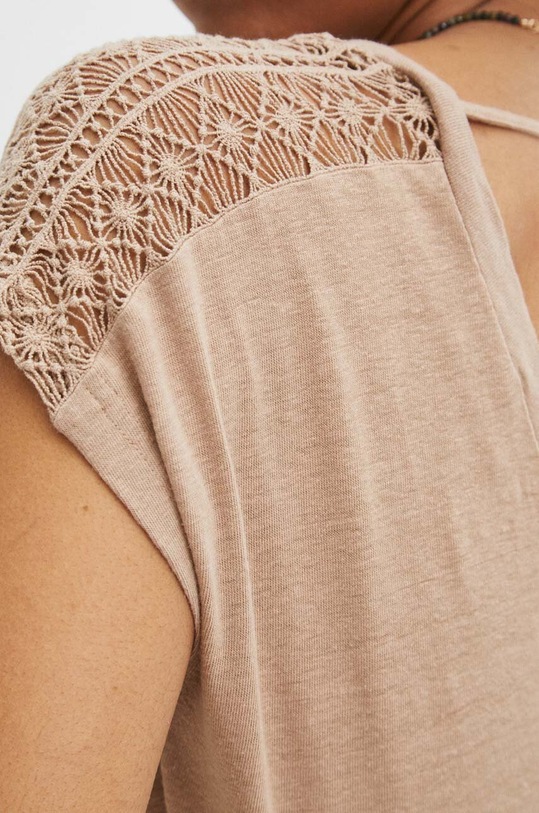T-shirt lniany damski z ozdobnymi wstawkami kolor beżowy RS24.TSD702