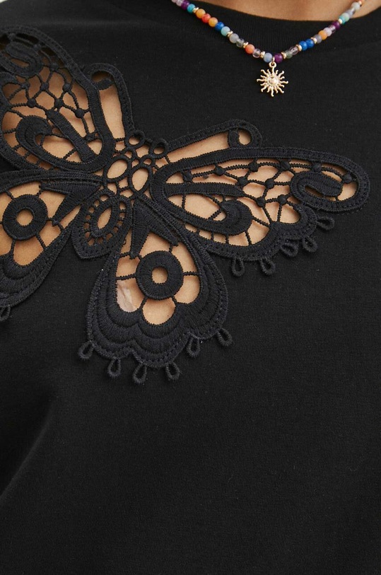 T-shirt bawełniany damski z domieszką elastanu z aplikacją kolor czarny RS24.TSD703 czarny