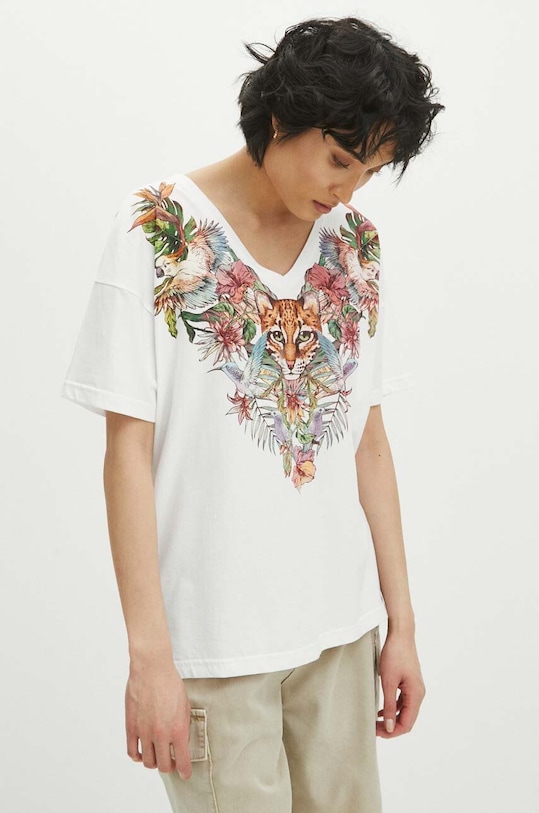 T-shirt bawełniany damski z nadrukiem kolor biały bawełna biały RS24.TSD705