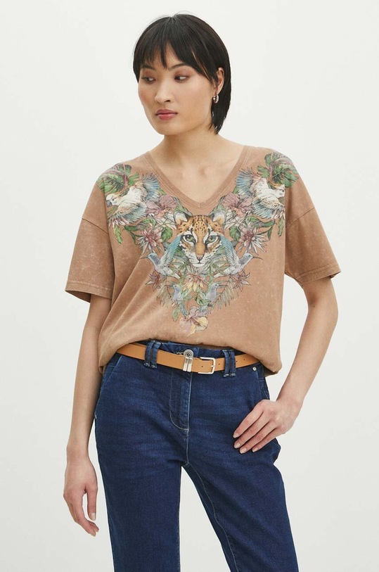 T-shirt bawełniany damski z nadrukiem kolor beżowy bawełna beżowy RS24.TSD705