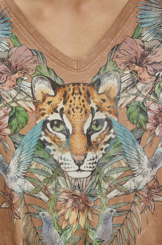 T-shirt bawełniany damski z nadrukiem kolor beżowy RS24.TSD705 beżowy