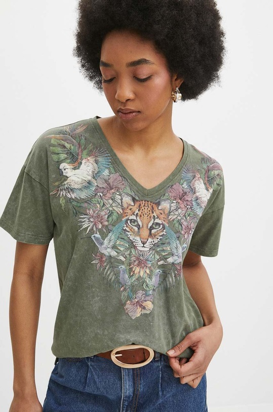 T-shirt bawełniany damski z nadrukiem kolor zielony bawełna zielony RS24.TSD705