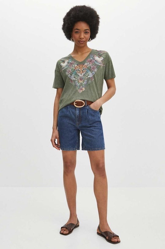 T-shirt bawełniany damski z nadrukiem kolor zielony RS24.TSD705 zielony RS24