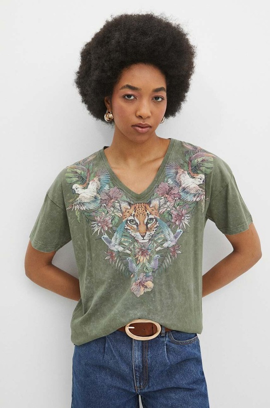 T-shirt bawełniany damski z nadrukiem kolor zielony zielony RS24.TSD705