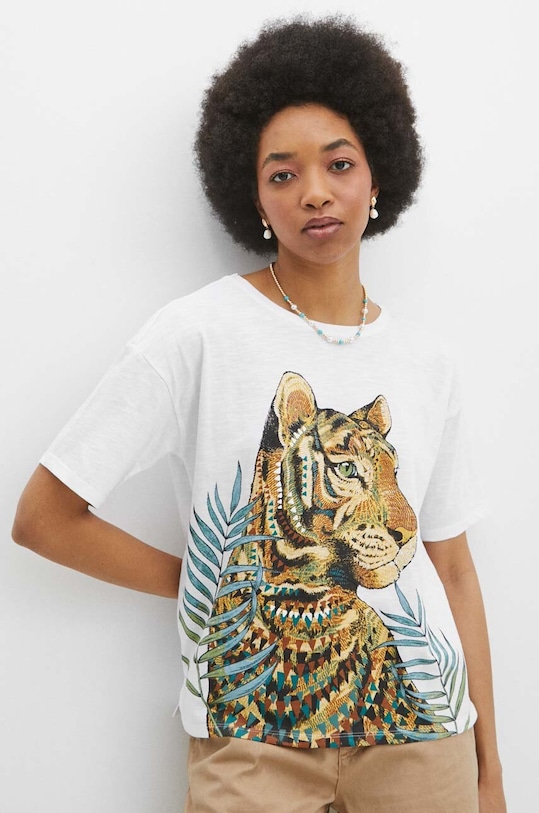 T-shirt bawełniany damski z nadrukiem kolor biały okrągły biały RS24.TSD706