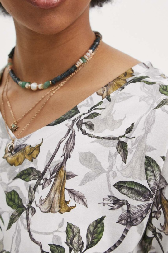 T-shirt bawełniany damski z domieszką elastanu wzorzysty kolor beżowy RS24.TSD711 beżowy