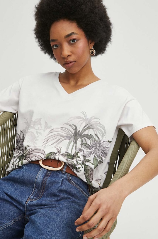 T-shirt bawełniany damski z domieszką elastanu wzorzysty kolor beżowy z elastanem beżowy RS24.TSD711