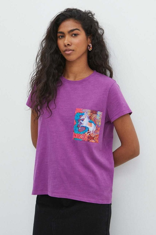 T-shirt bawełniany damski z nadrukiem z kolekcji Jane Tattersfield x Medicine kolor fioletowy RS24.TSD851 fioletowy RS24