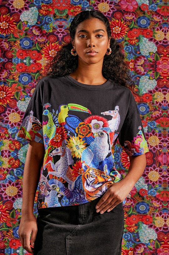 T-shirt bawełniany damski wzorzysty z kolekcji Jane Tattersfield x Medicine kolor czarny bawełna czarny RS24.TSD853