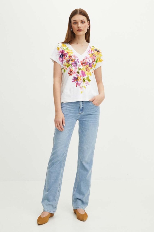 T-shirt bawełniany damski z domieszką elastanu w kwiaty kolor biały RS24.TSD901 biały RS24