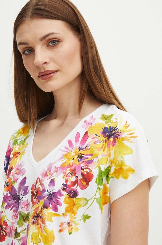 T-shirt bawełniany damski z domieszką elastanu w kwiaty kolor biały biały RS24.TSD901
