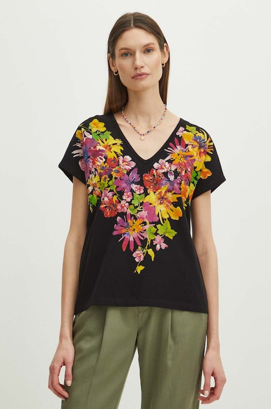 T-shirt bawełniany damski z domieszką elastanu w kwiaty kolor czarny z elastanem czarny RS24.TSD901