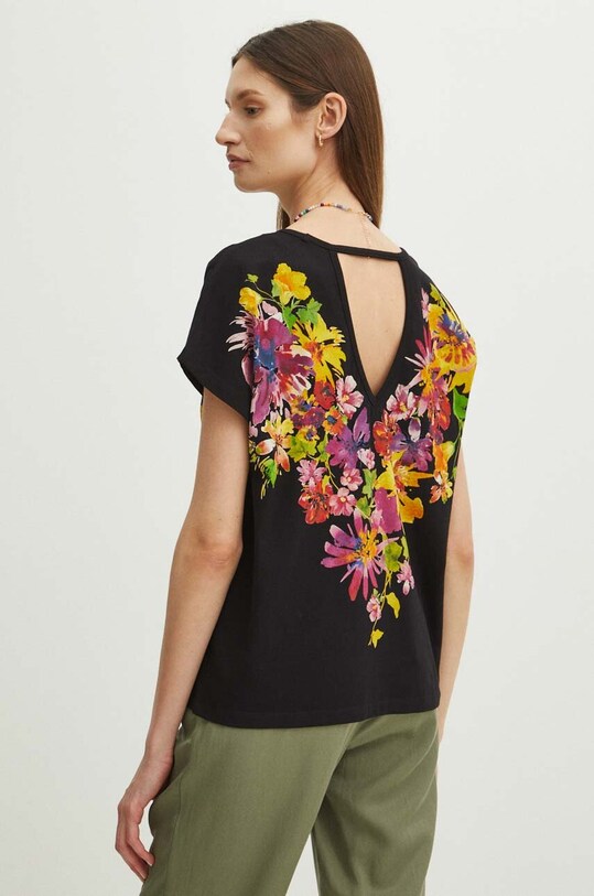 Odzież T-shirt bawełniany damski z domieszką elastanu w kwiaty kolor czarny RS24.TSD901 czarny