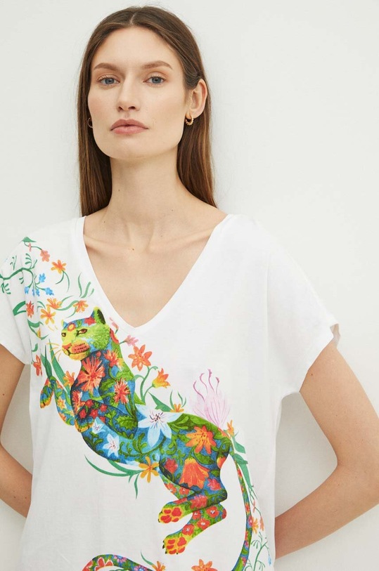 T-shirt bawełniany damski z nadrukiem kolor biały bawełna biały RS24.TSD903