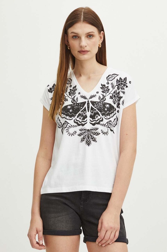 T-shirt bawełniany damski z nadrukiem kolor biały biały RS24.TSD903