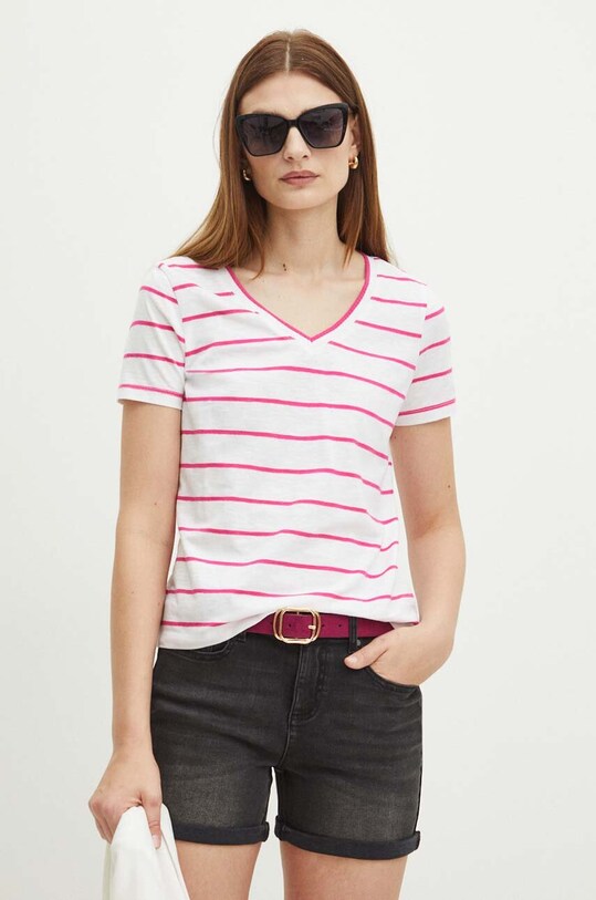 T-shirt damski w paski kolor biały szpic biały RS24.TSD906
