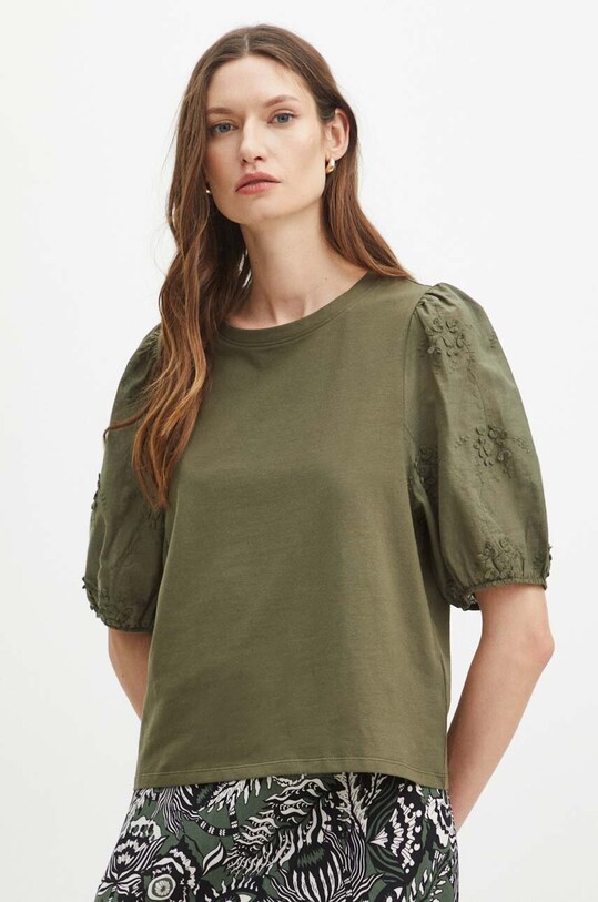 T-shirt bawełniany damski z domieszką elastanu z aplikacją kolor zielony aplikacja zielony RS24.TSD907