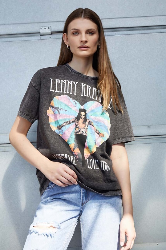 T-shirt bawełniany damski Lenny Kravitz kolor czarny okrągły czarny RS24.TSD956