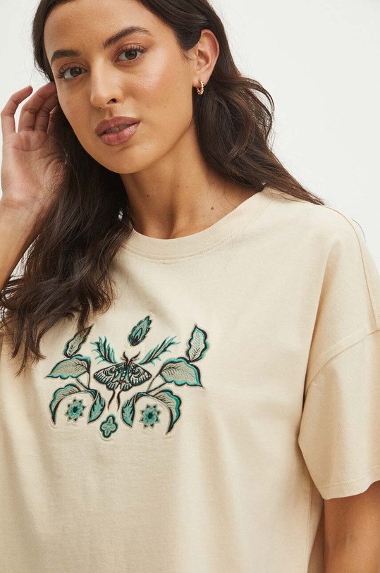 T-shirt bawełniany damski z ozdobnym haftem kolor beżowy bawełna beżowy RS24.TSDA03