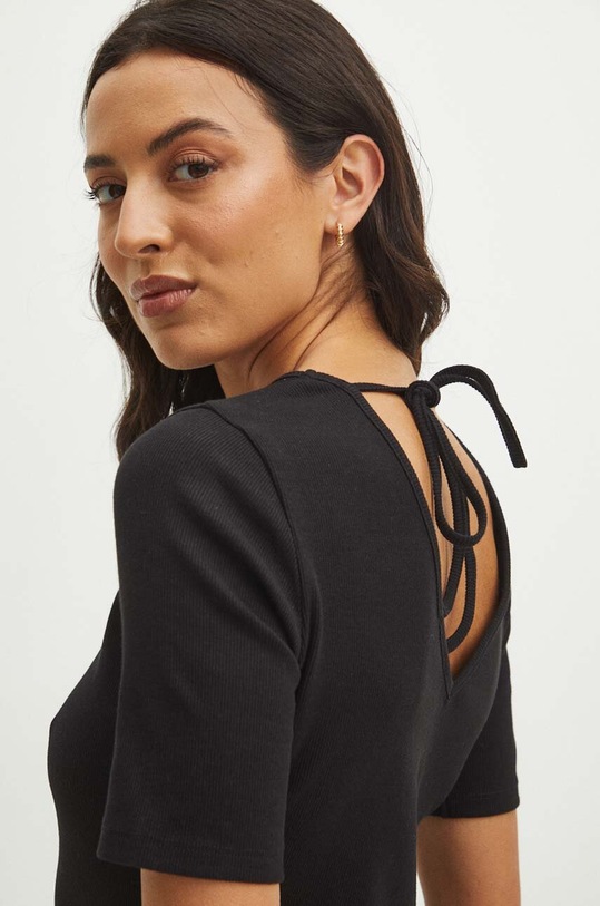 T-shirt bawełniany damski prążkowany z domieszką elastanu kolor czarny gładkie czarny RS24.TSDA12